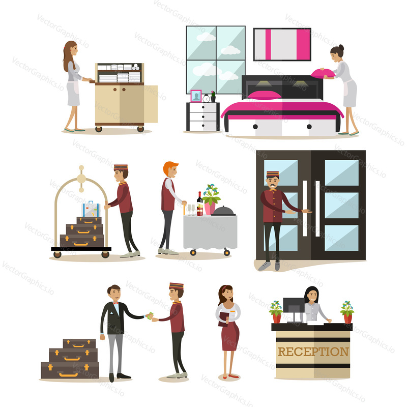 Vector icons set of deluxe hotel room, hotel staff and guests cartoon characters isolated on white background. Flat style design elements.