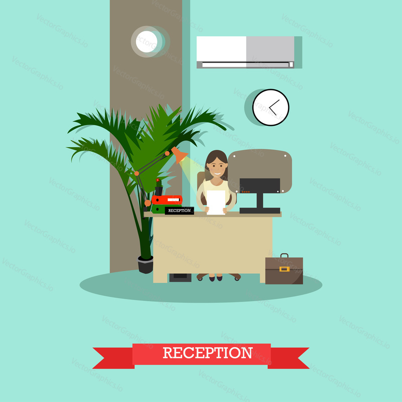 Vektorová ilustrace mladé ženy recepční stojící na recepci. Auto shop recepce plochý styl designový prvek.