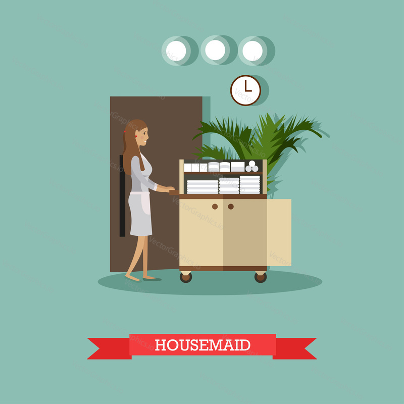 Hotel housemaid vector illustration. Cleaning lady or housekeeper pushing cart with clean bed linen and towels in flat style.