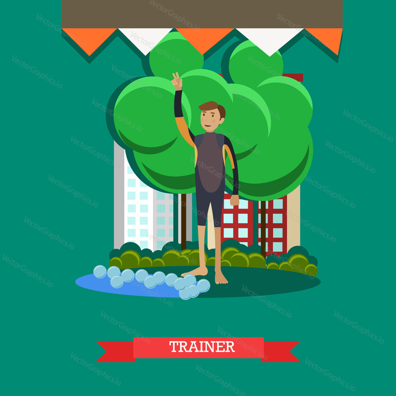 Vector illustration of young man training dolphin to perform tricks for public performances. Dolphin trainer flat style design element.
