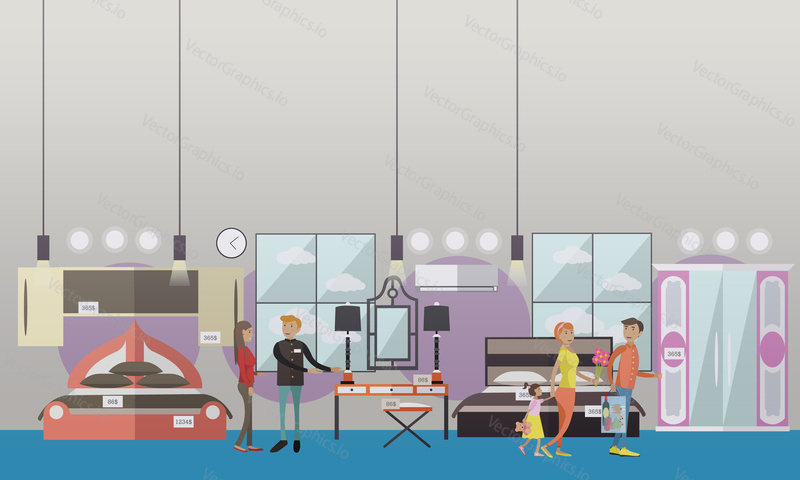 Vector illustration of seller and buyers choosing furniture for bedroom. Furniture store concept design elements in flat style.