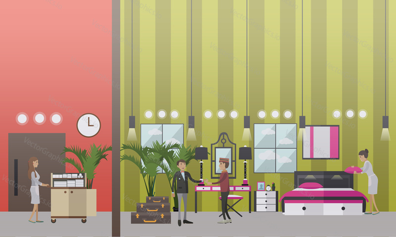 Hotel housekeeping vector illustration. Housemaid making bed in hotel room. Hotel porter service, housekeeping flat style design elements.
