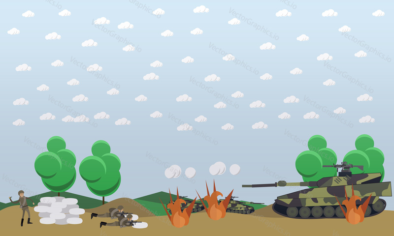 Vektorová ilustrace konceptu Battlefield. Vojenské akce na předních plochých designových prvcích.