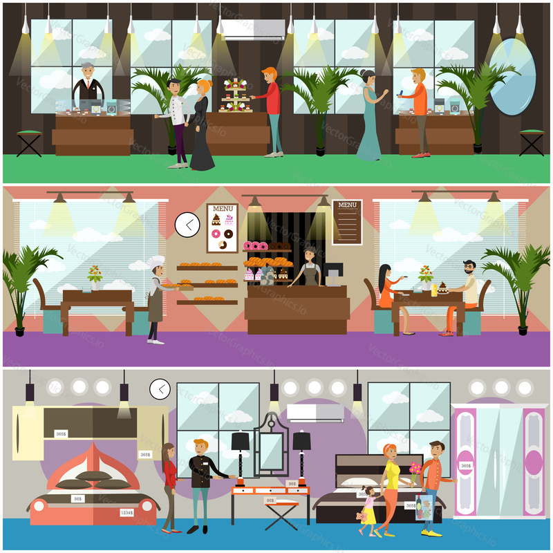 Vector set of shop concept posters, banners. Jewelry shop, bakery and furniture store concept flat style design elements.