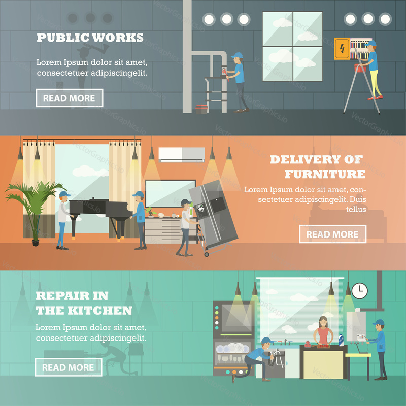 Vector set of working horizontal banners. Public works, Delivery of furniture and Repair in the kitchen flat style design elements.