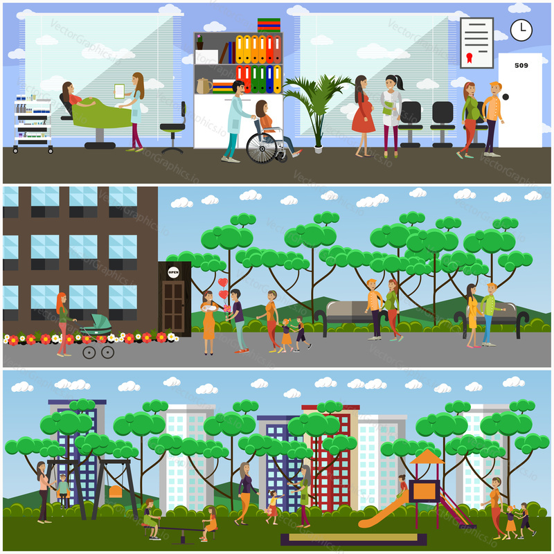Vector set of maternity hospital and kindergarten posters, banners. Flat style design elements.
