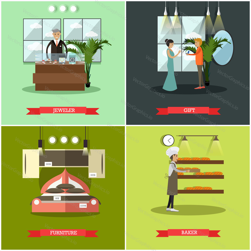 Vector set of shops posters. Jeweler, Gift, Furniture and Baker flat style design elements.