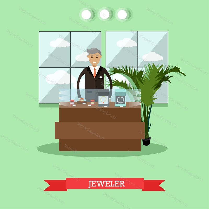 Vector illustration of jeweler standing at jewelry showcase. Goldsmith at jewelry workshop or store concept flat style design element.