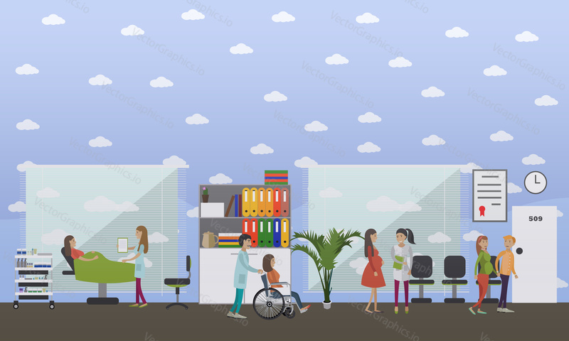 Vector illustration of doctors gynecologists females consulting their pregnant patients. Medical worker nurse male carrying woman in wheelchair. Maternity hospital concept flat style design element.