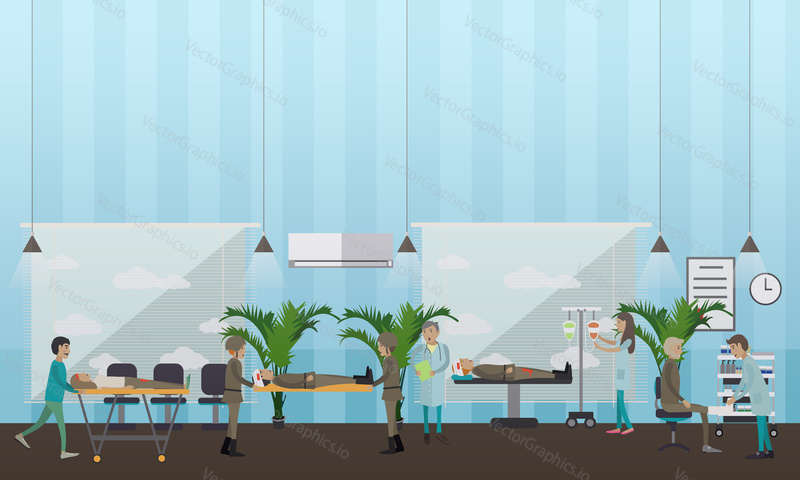 Military hospital vector illustration. Infirmary personnel saving life of wounded soldiers flat style design elements.