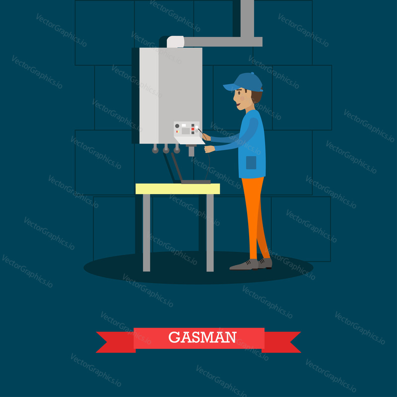 Vector illustration of worker installing or repairing gas boiler. Gasman concept flat style design.