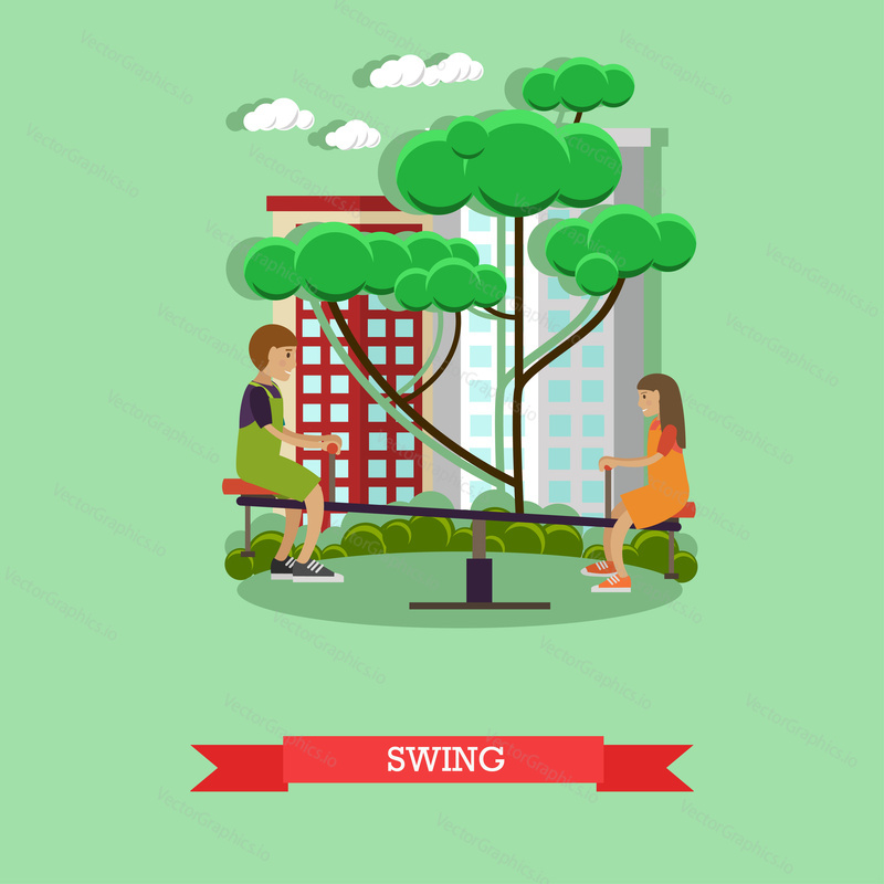 Vektorová ilustrace dětí chlapce a dívky houpající se na houpačce na hřišti. Swing concept designový prvek v plochém stylu.