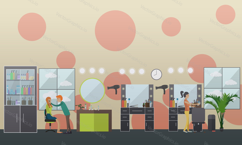 Vector illustration of professional body piercer performing piercing, hairdresser doing hair of her client. Flat style design.