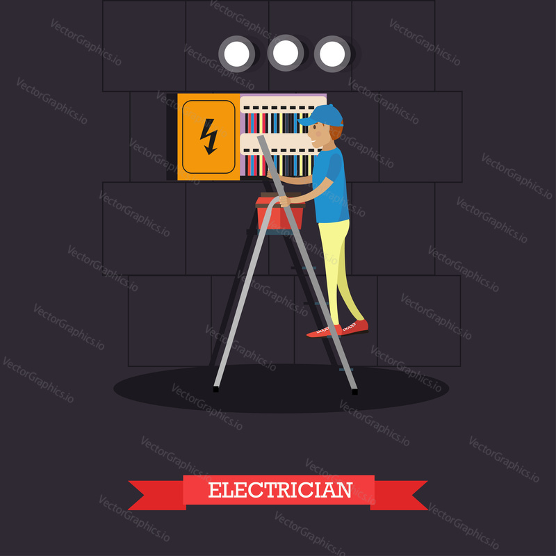 Vektorové ilustrace Elektrikář instalace, údržba nebo opravy elektrické energie, osvětlovací systém. Plochý designový prvek.