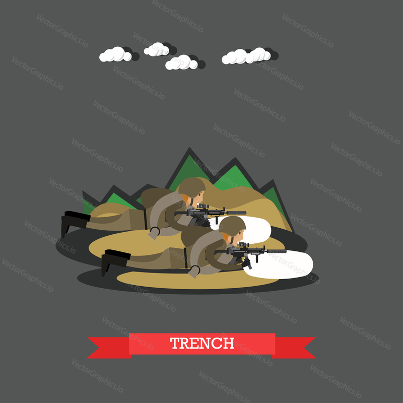 Vektorová ilustrace dvou vojáků s brokovnicemi ve vojenské uniformě ležících v příkopu. Plochý design.