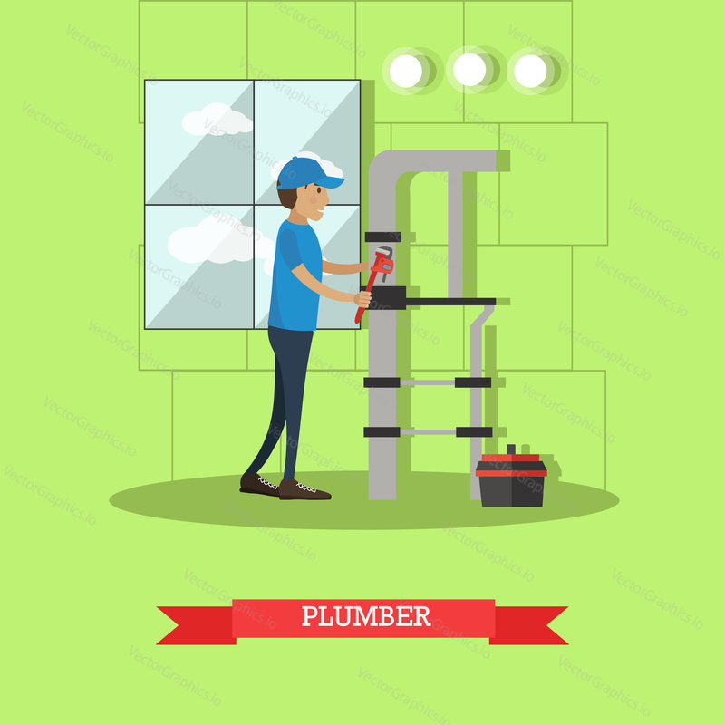 Vector illustration of pipe fitter fixing leaking water pipes with adjustable wrench. Plumber flat style design element.