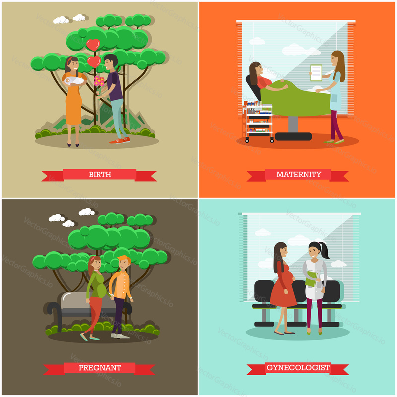 Vector set of maternity hospital posters in flat style. Birth, Maternity, Pregnant and Gynecologist flat style design elements.