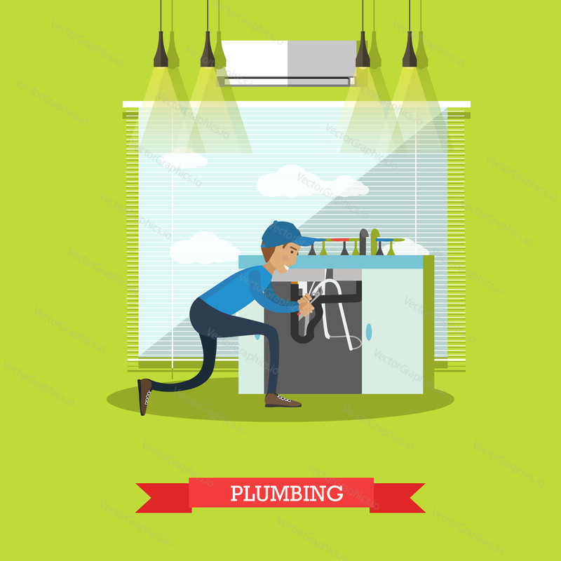 Vector illustration of plumber repairing sink in kitchen. Plumbing flat style design element.
