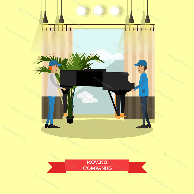 Vektorová ilustrace nakladačů nesoucích klavír. Pohybující se společnost služby koncept plochý styl designový prvek.