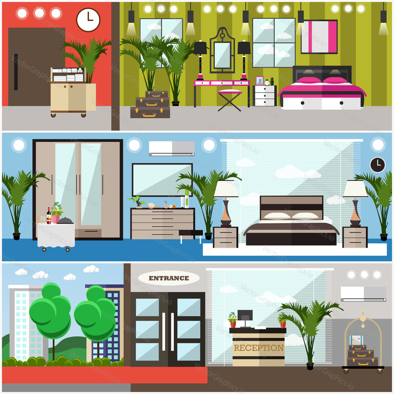 Vector set of luxury hotel interior posters, banners. Hotel suite, deluxe hotel room, comfortable bedroom flat style design elements.