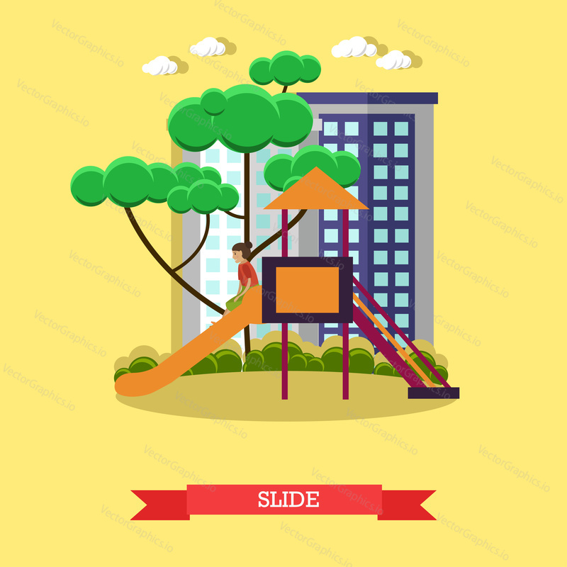 Vector illustration of child girl sliding down the slide in playground. Slide concept design element in flat style.