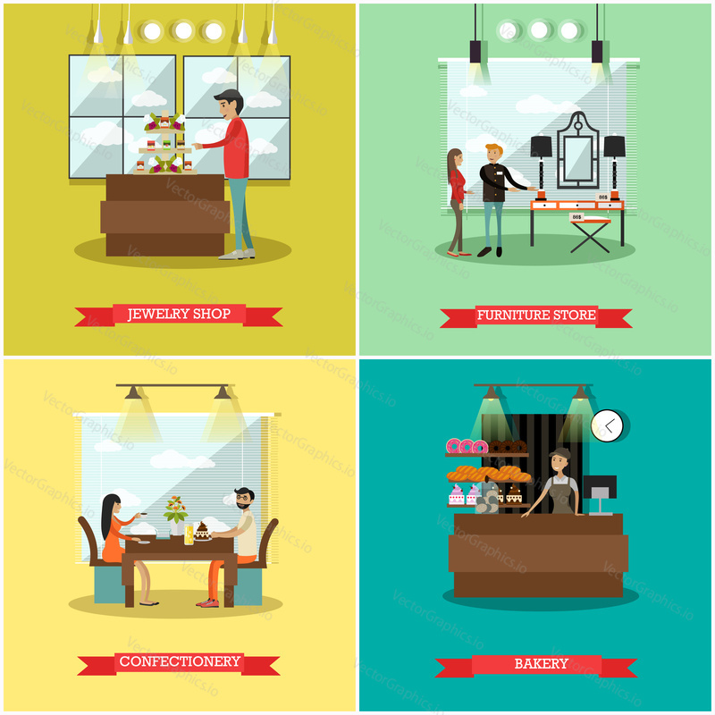 Vector set of shops square posters. Jewelry shop, Furniture store, Confectionery and Bakery flat style design elements.