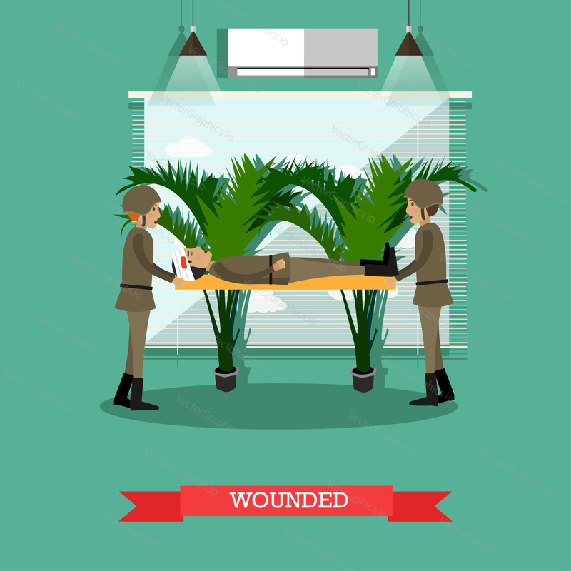 Vector illustration of two soldiers carrying stretchers with wounded fighter. Flat style design.