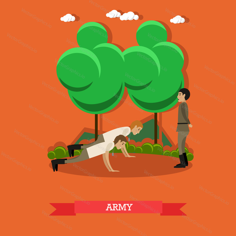 Vektorová ilustrace dvou vojáků, kteří dělají kliky. Army concept designový prvek v plochém stylu.