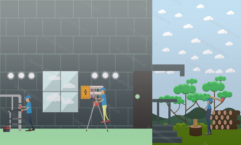 Vector illustration of pipe fitter fixing leaking water pipes, working electrician and woodcutter. Plumbing and electric company services flat style design elements.
