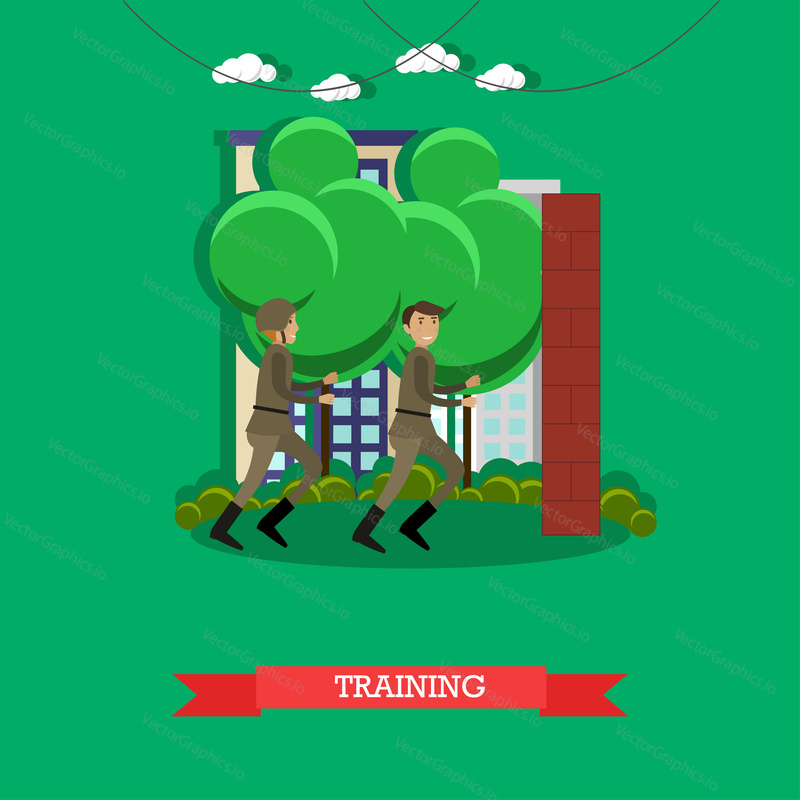 Vector illustration of army soldiers jogging, running. Military physical training flat style design.