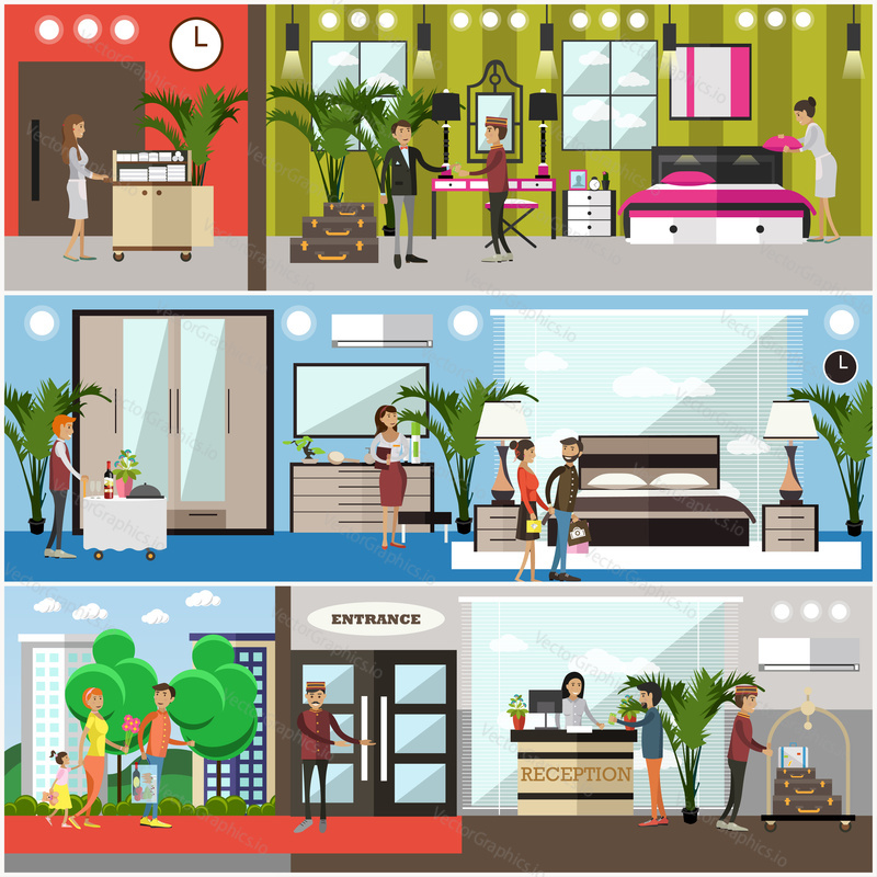 Vector set of luxury hotel posters, banners. Hotel porter, doorman, receptionist, waiter services, housekeeping flat style design elements.