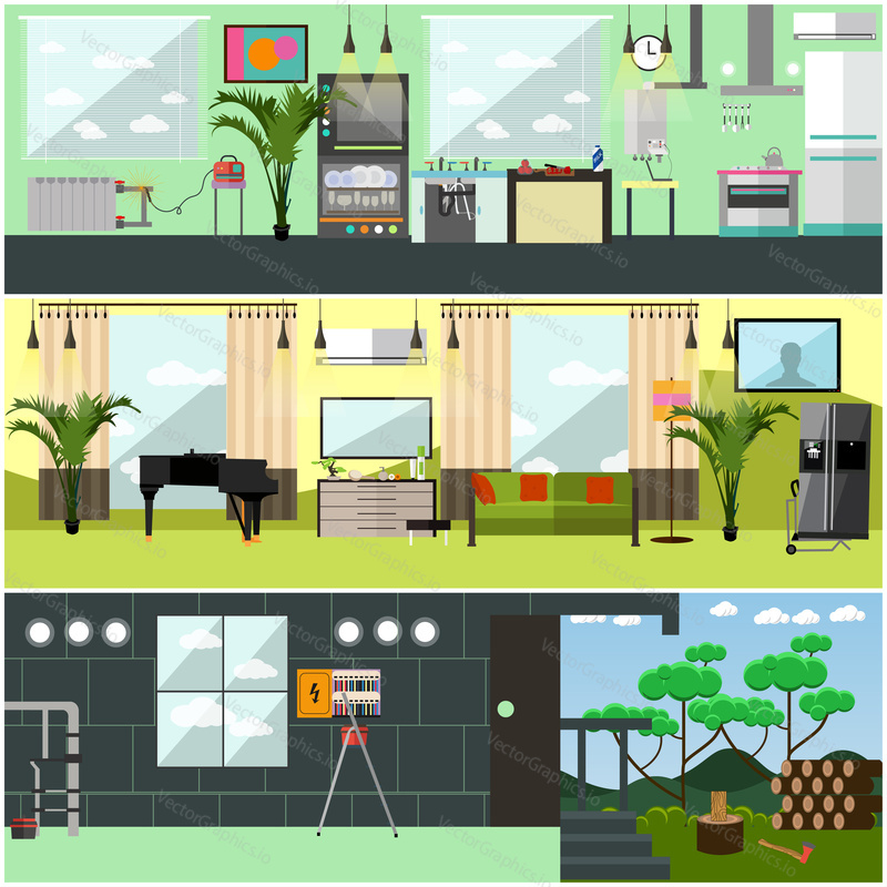 Vector set of working interior posters, banners. Plumbing, electric, gas and moving company services flat style design elements.