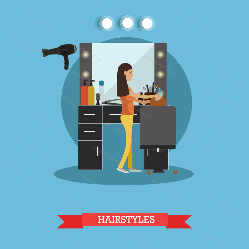Vector illustration of professional hairdresser doing hair of her client female. Hair salon services, hairstyles concept flat style design element.