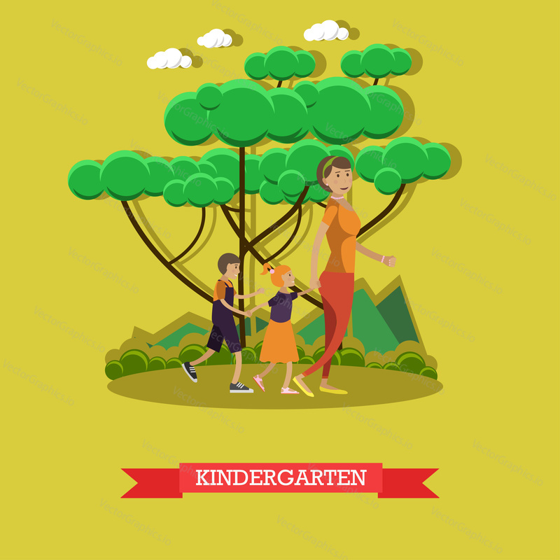 Vektorová ilustrace konceptu mateřské školy. Děti dívka a chlapec jít do školky mateřské školy se svou matkou. Plochý design.