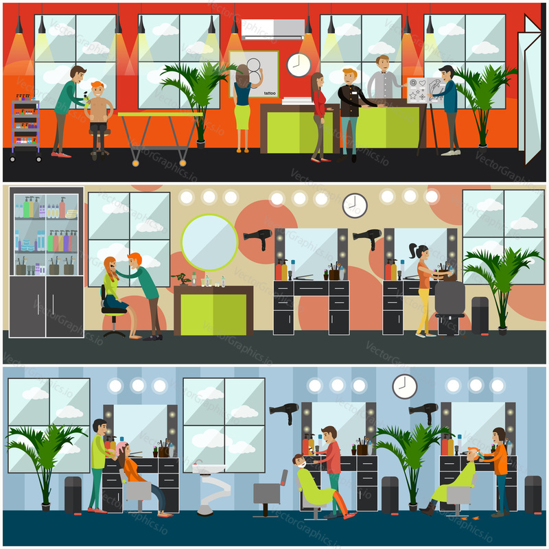 Vector set of barbershop, hair salon and tattoo studio posters, banners. Flat style design elements.