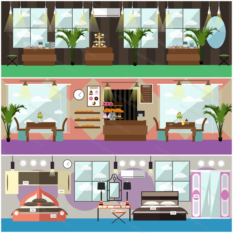 Vector set of shop interior concept posters, banners. Jewelry shop, bakery and furniture store concept flat style design elements.