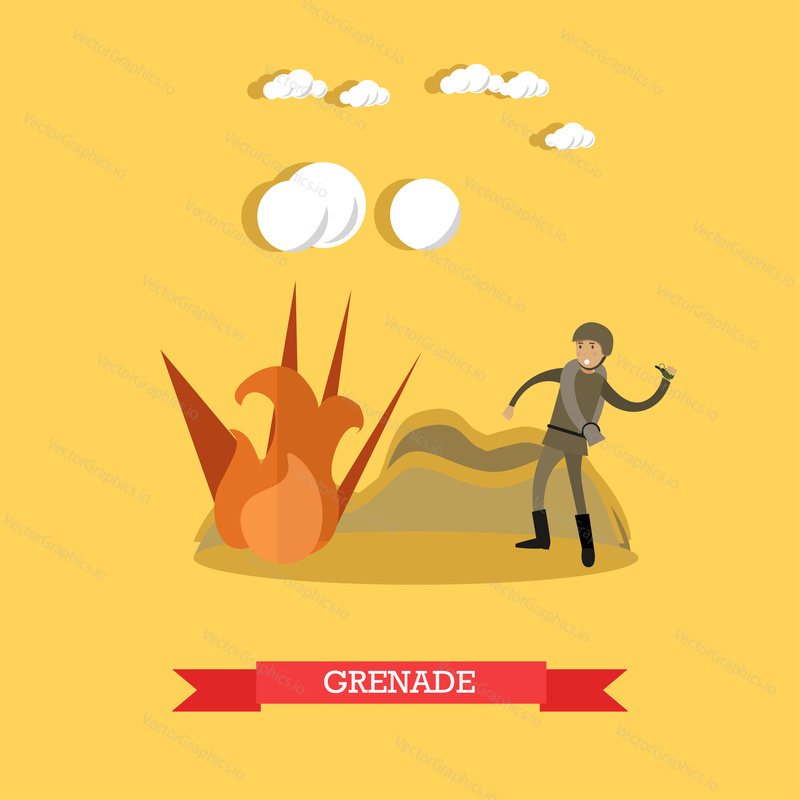 Vektorová ilustrace vojáka házení ručního granátu na bojišti. Plochý designový prvek.