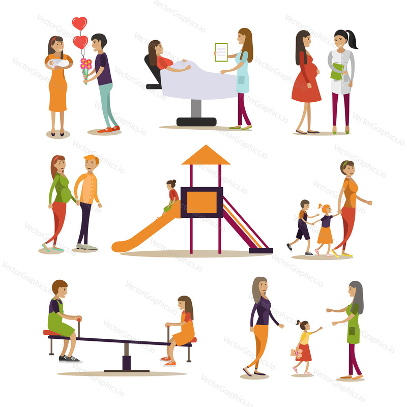 Vector icons set of maternity hospital and kindergarten cartoon characters isolated on white background. Flat style design elements.
