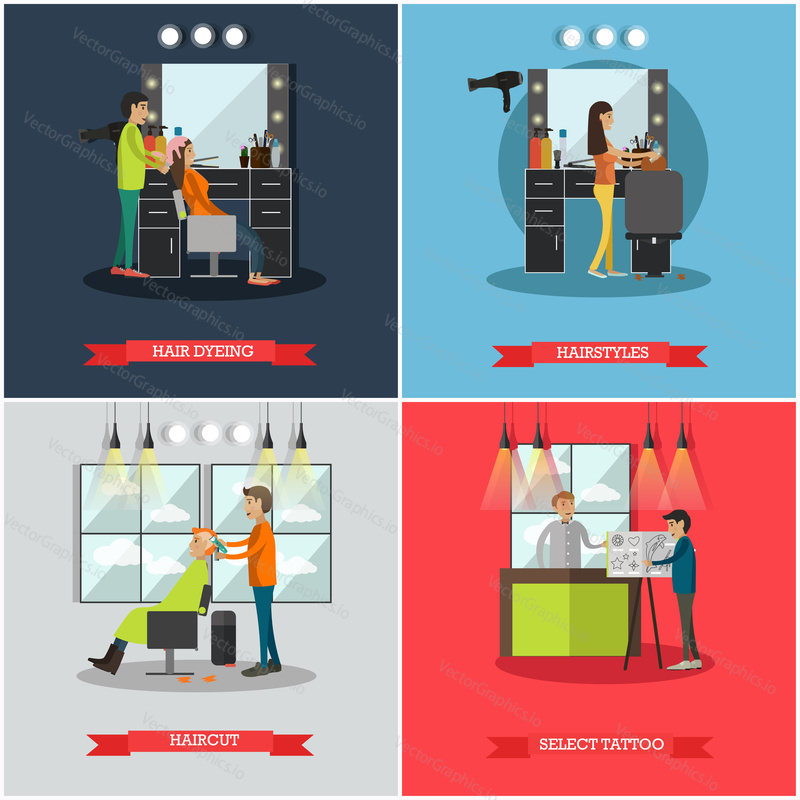 Vector set of hairdressing salon and tattoo parlor posters. Hair dyeing, Hairstyles, Haircut and Select tattoo flat style design elements.