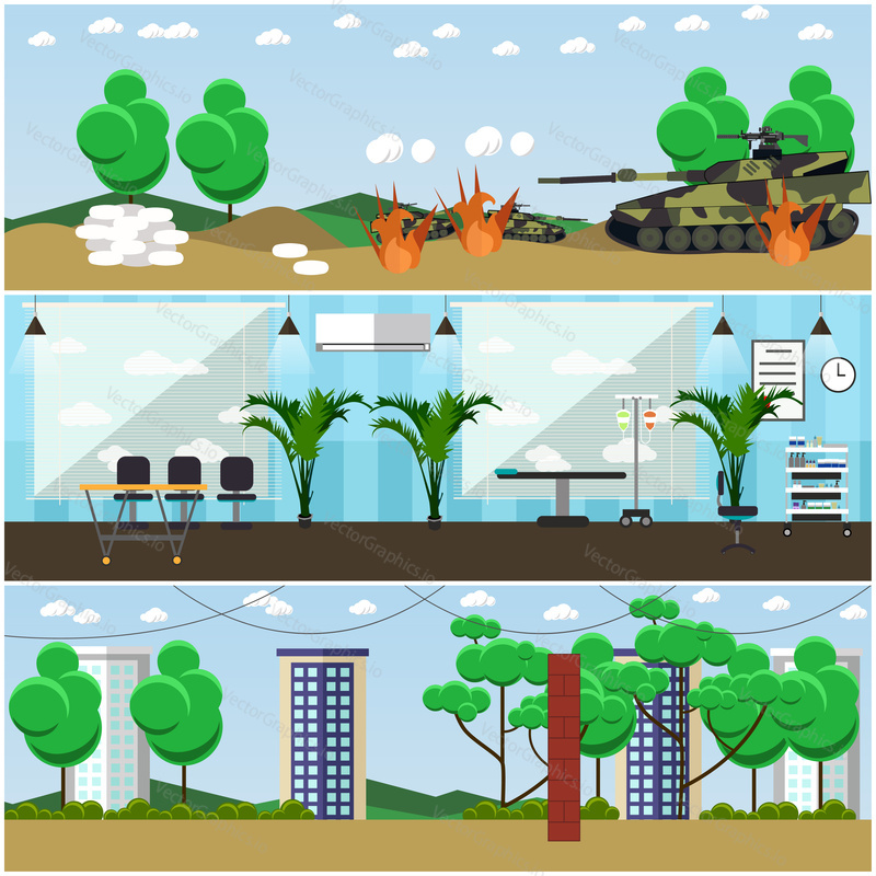 Vector set of military interior posters, banners. Battlefield, Military hospital and army base sports ground flat style design elements.
