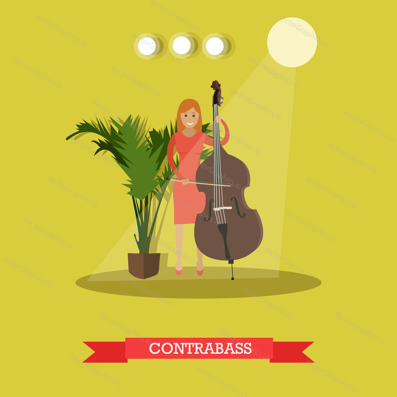 Vektorová ilustrace muzikantky hrající kontrabas. Mladá žena hraje na kontrabas strunný hudební nástroj plochý styl designový prvek.