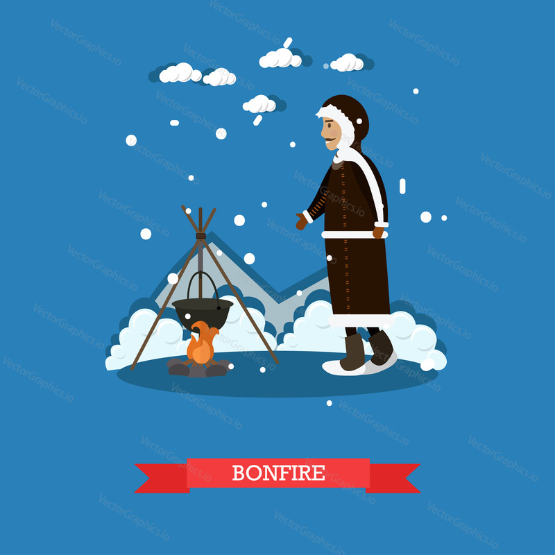 Vektorová ilustrace konceptu ohně. Eskimo muž vaření na otevřeném ohni plochý styl designový prvek.