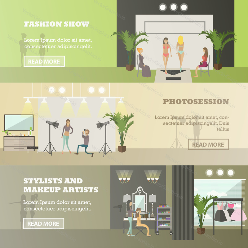 Vector set of fashion horizontal banners. Fashion show, Photosession and Stylists and makeup artists design elements in flat style