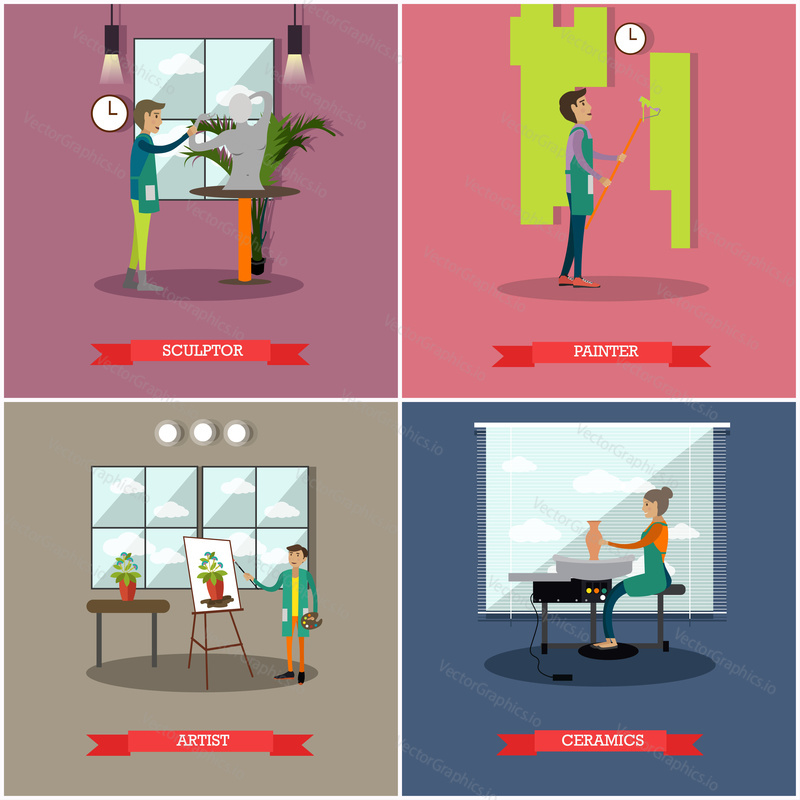 Vector set of arts and crafts professionals posters. Sculptor, Painter, Artist and Ceramics concept design elements in flat style.