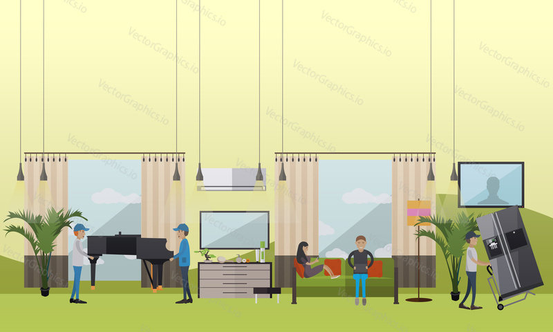 Vector illustration of working loaders. Moving company services concept flat style design element.