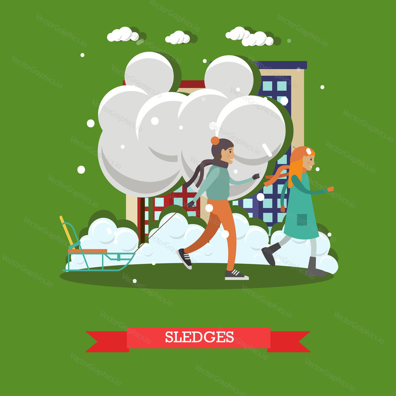 Vector illustration of children boy and girl with sledge. Winter snowy weather, snowfall, sledging concept design element in flat style.