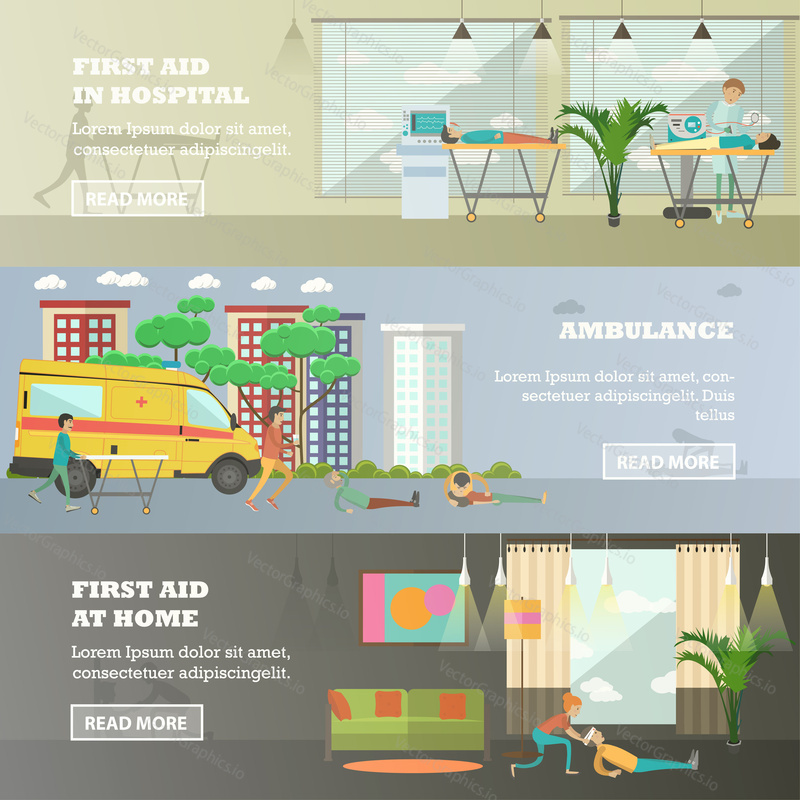 Vector set of first aid horizontal banners. First aid in hospital, Ambulance, First aid at home flat style design elements.
