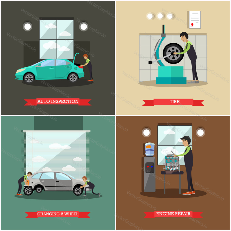 Vector set of car service station, repair shop posters, banners. Auto inspection, Tire, Changing a wheel and Engine repair concept flat style design elements.
