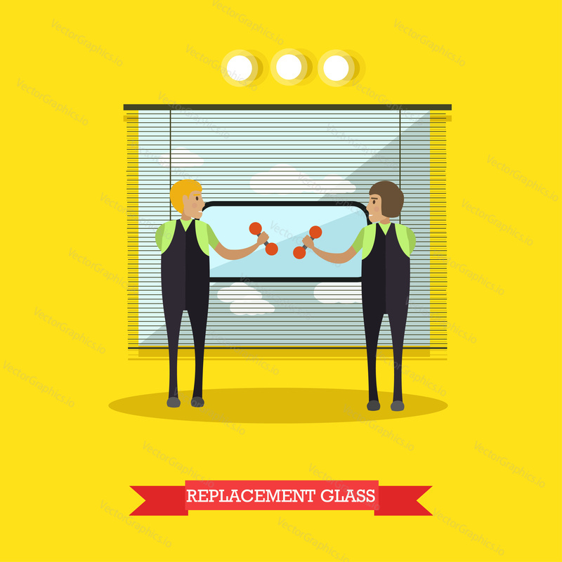 Replacement of glass, auto service vector illustration. Mechanics replacing car window, flat style design elements.