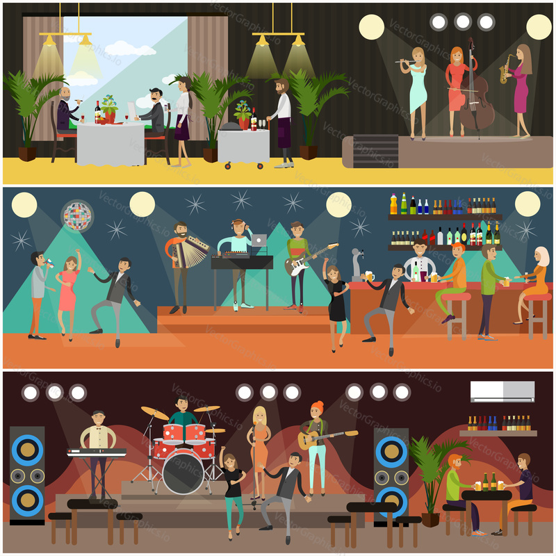 Vector set of posters with musicians performing on stage of night club, disco club, in restaurant. People dancing to music flat style design elements.
